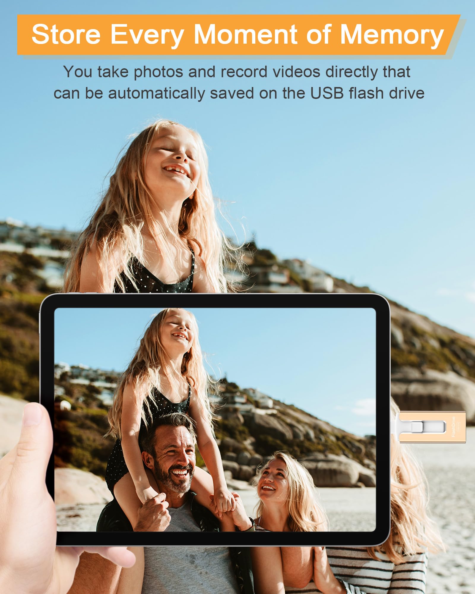 GNASEET 256GB USB Flash Drive for Phone & Pad, High-Speed Photo Stick, Gold Memory Storage for Photos & Videos